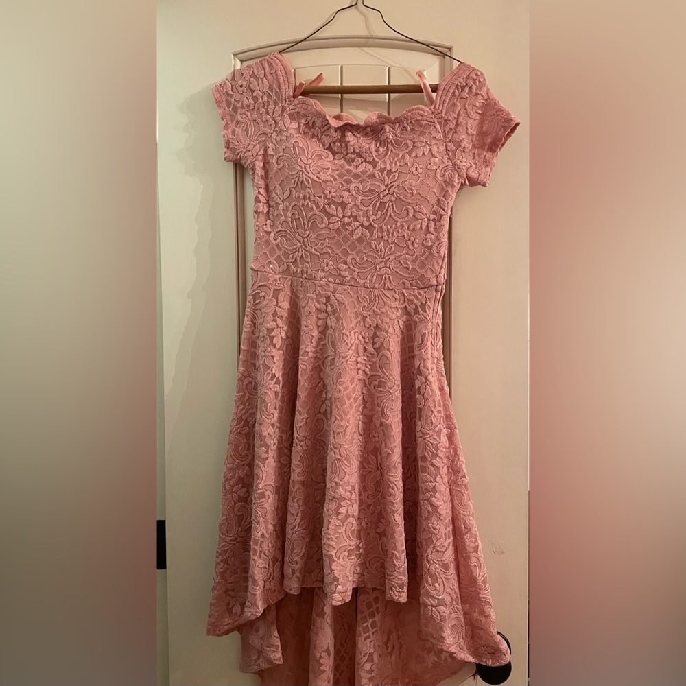 Pink sparkly off the shoulder midi dress